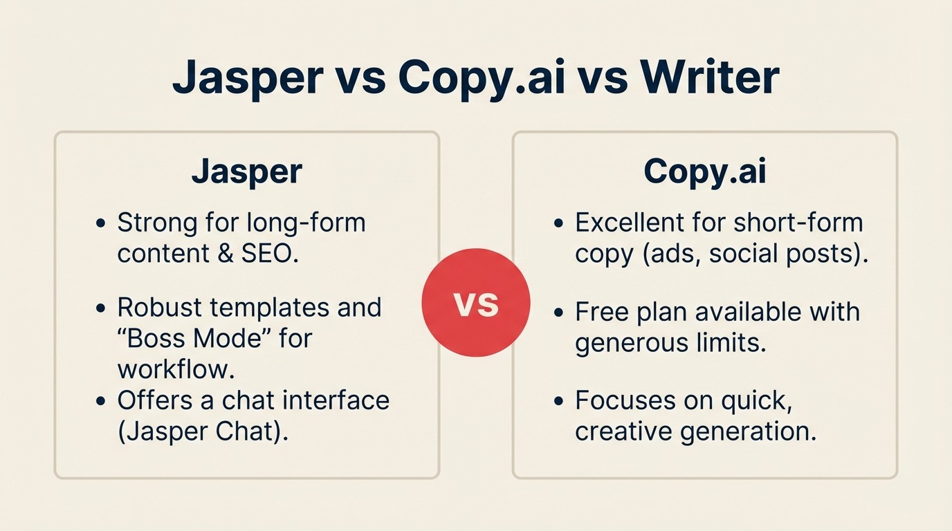 Jasper vs Copy.ai vs Writer: AI Writing Tools for Marketing Teams in 2026