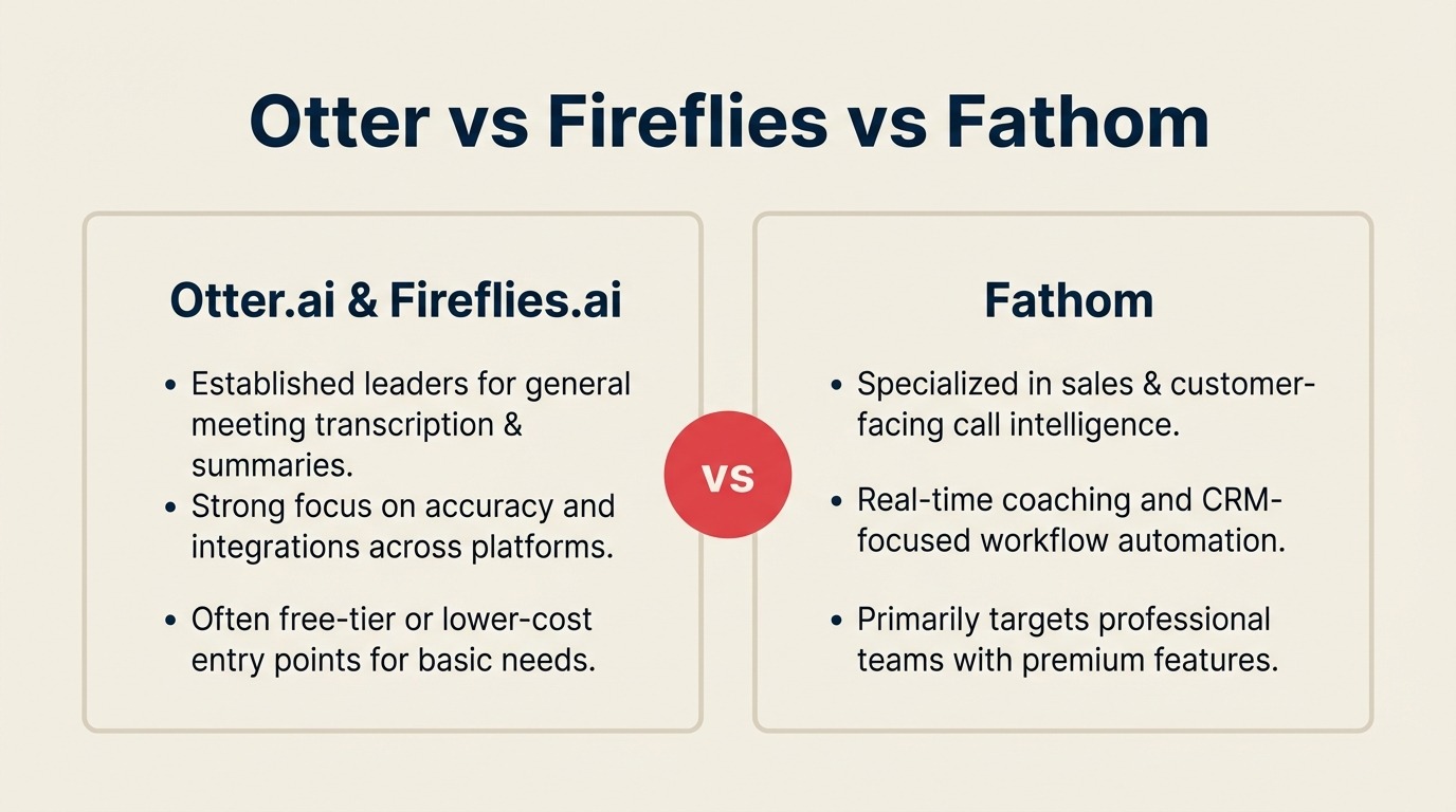 Otter vs Fireflies vs Fathom: AI Meeting Tools for Sales Leaders in 2026