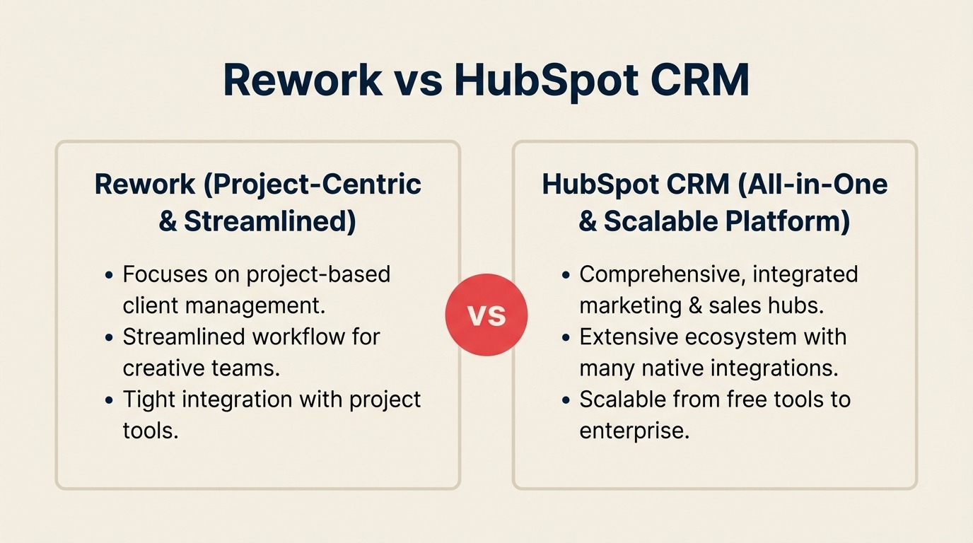 Rework vs HubSpot CRM comparison — unified CRM with lead management and chat vs full HubSpot marketing-sales-service platform