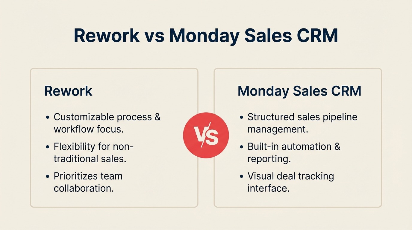 Rework vs Monday Sales CRM comparison — purpose-built unified CRM vs flexible Work-OS board configured as CRM