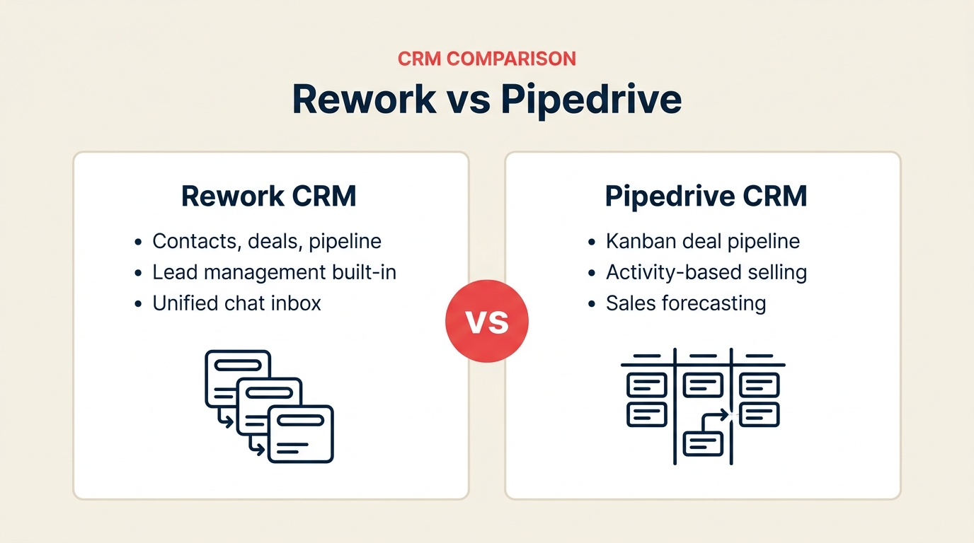 Rework vs Pipedrive CRM comparison — unified CRM with lead management and chat vs pipeline-first sales CRM