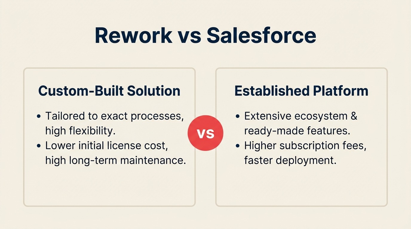 Rework vs Salesforce CRM comparison — unified CRM with lead management and chat vs enterprise Salesforce clouds ecosystem