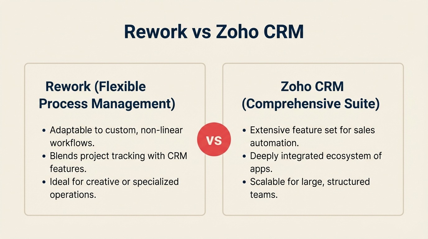 Rework vs Zoho CRM comparison — unified CRM with lead management and chat vs Zoho One 45-app ecosystem
