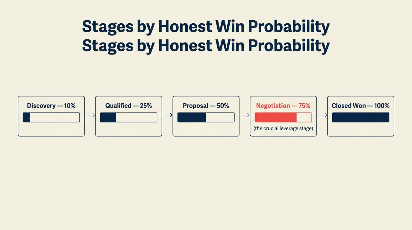 Pipeline stages mapped to honest win probabilities from discovery to closed-won