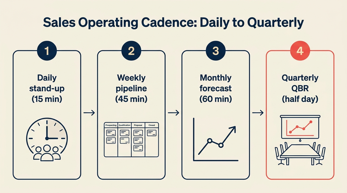 Sales operating cadence — daily stand-up to quarterly QBR in 4 clear slots