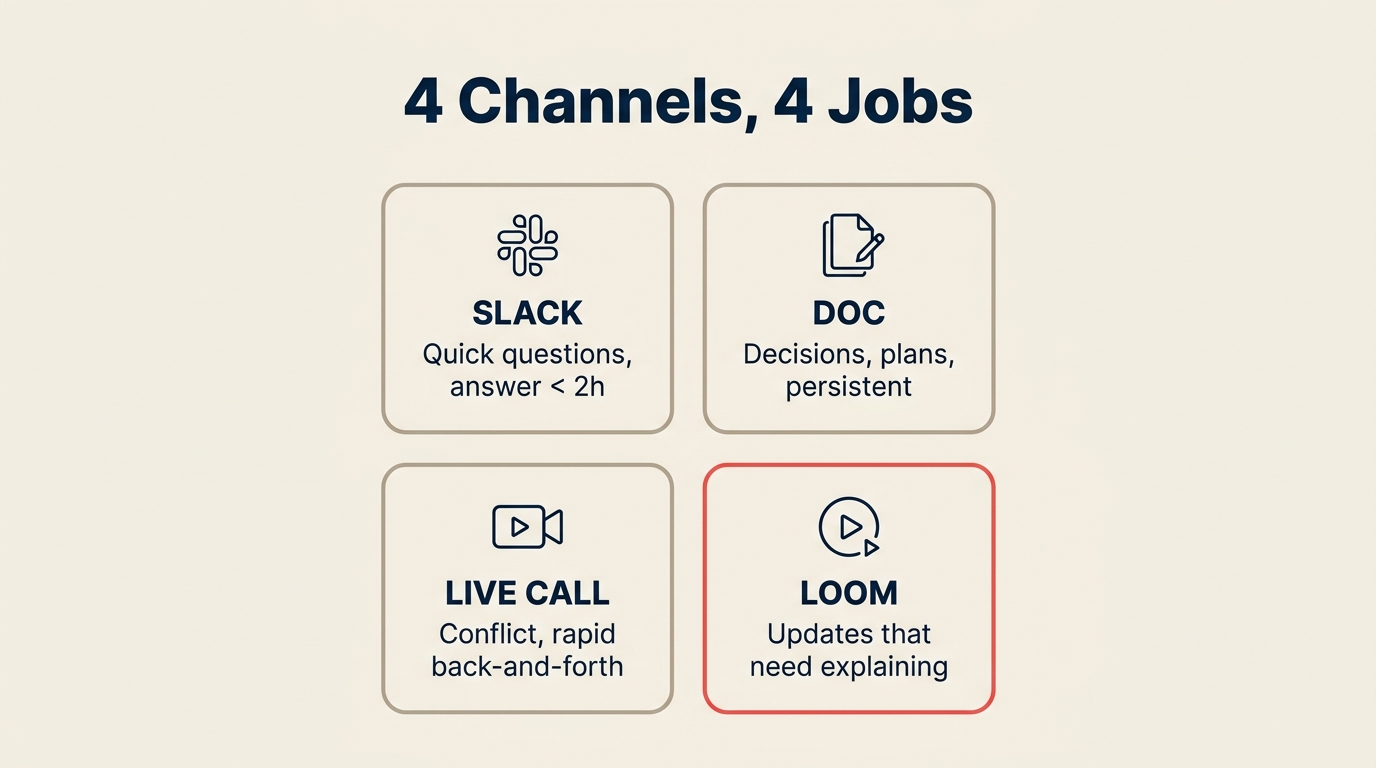 4 communication channels — Slack for quick, Doc for persistent, Live call for conflict, Loom for broadcasts