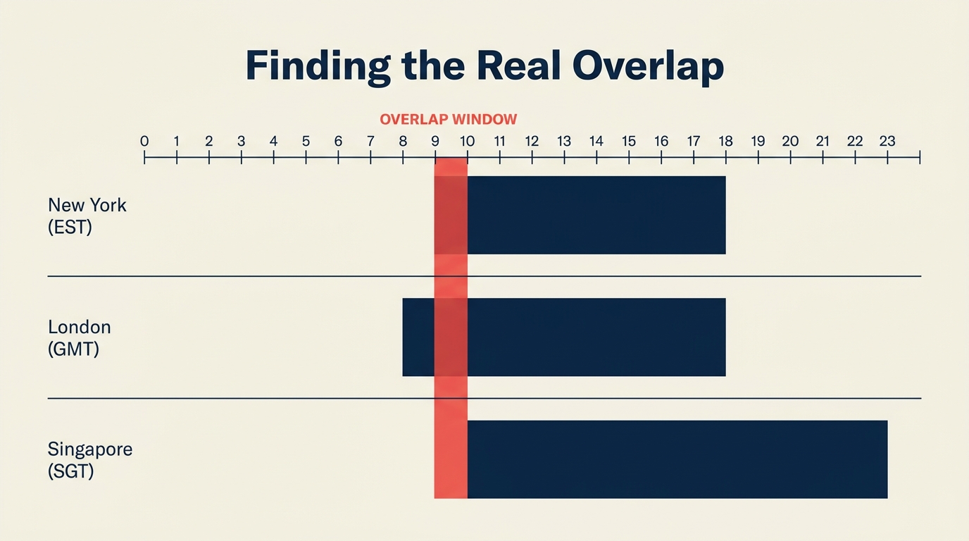 Finding the overlap window across New York, London, Singapore work hours