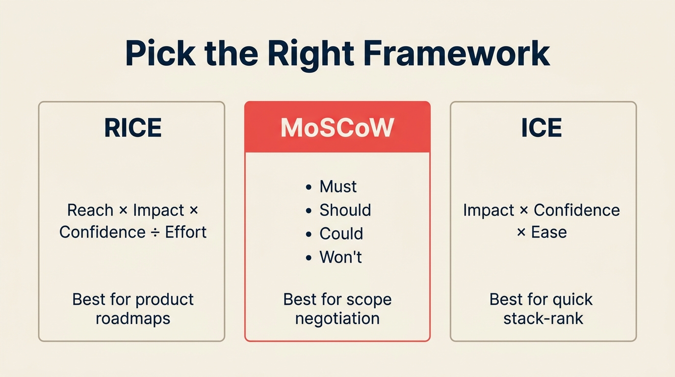 Three prioritization frameworks compared — RICE, MoSCoW, ICE