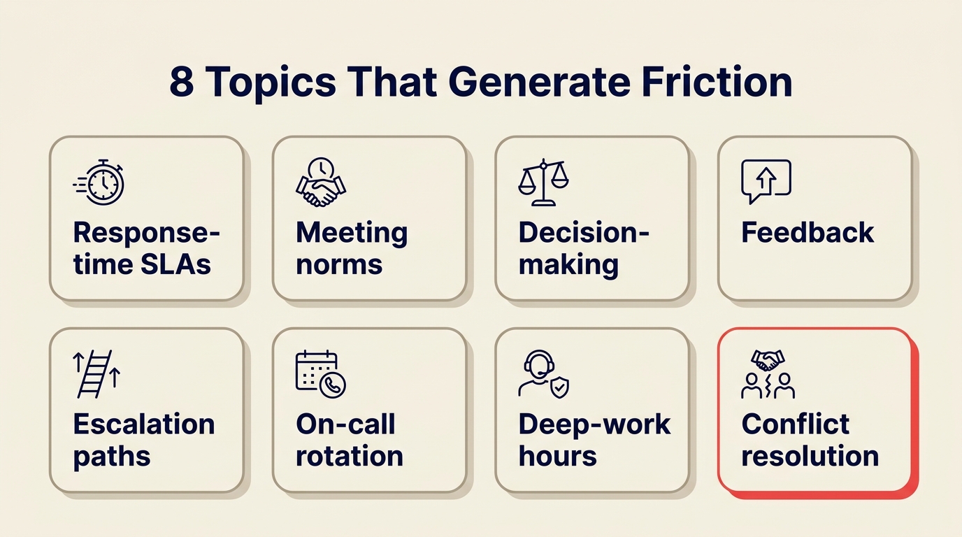 8 topics that generate friction — response SLAs, meeting norms, decision-making, feedback, escalation, on-call, deep-work, conflict resolution