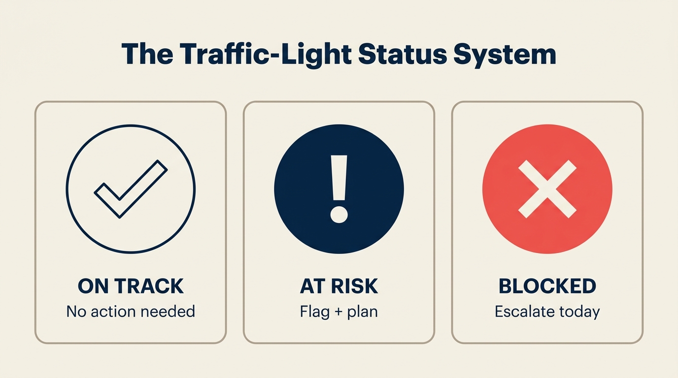 Traffic-light status system — green on track, yellow at risk, red blocked