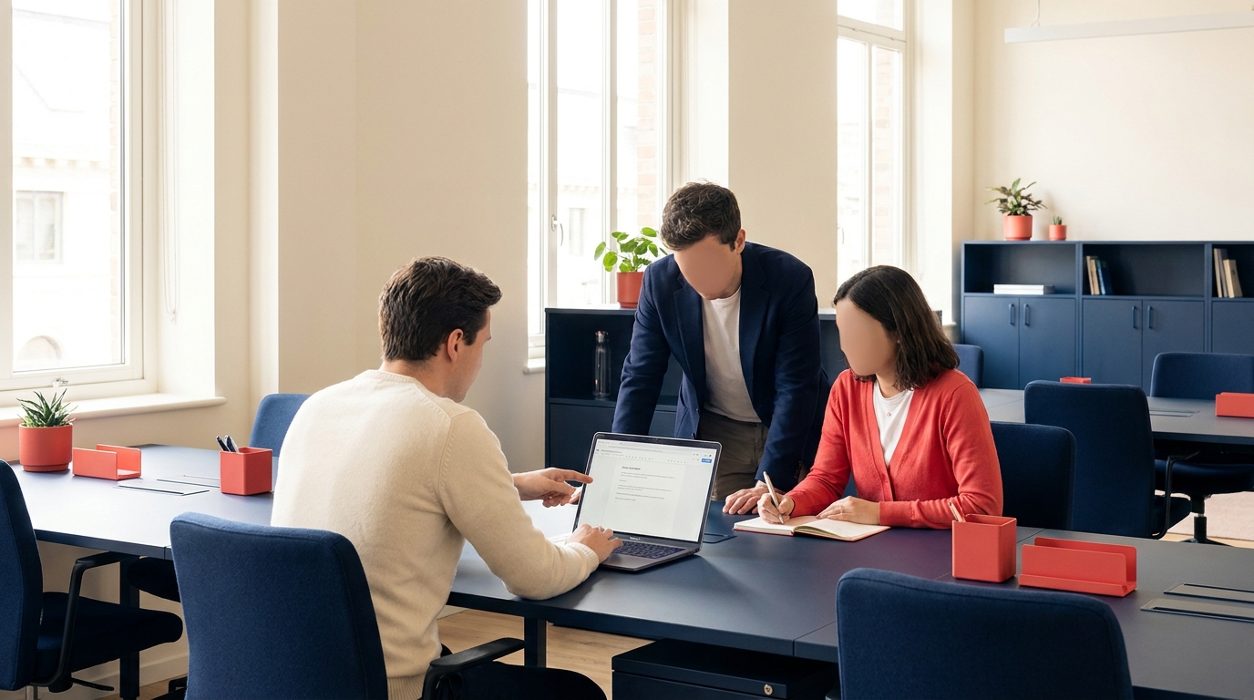 Peer-led AI adoption shown as a trusted workflow relay between matching team workstations