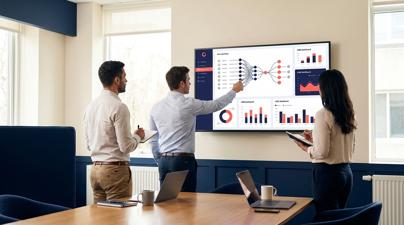 Pasukan RevOps menyemak penjajaran data AI dan dashboard kualiti data Pipeline