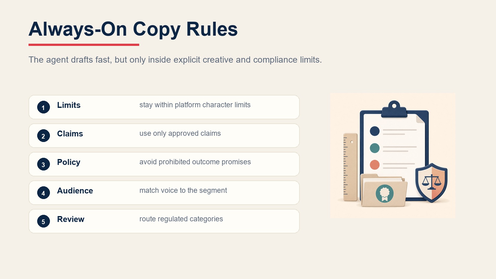 Ad copy agent operating rules checklist for limits, claims, policy, audience, and review routing