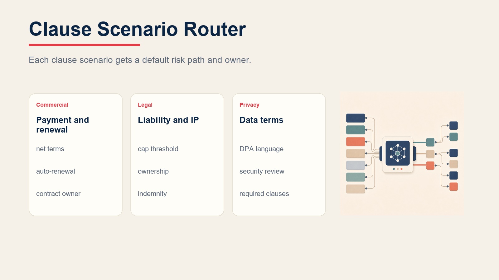 Clause scenario router for payment terms, liability, IP ownership, and data processing review paths