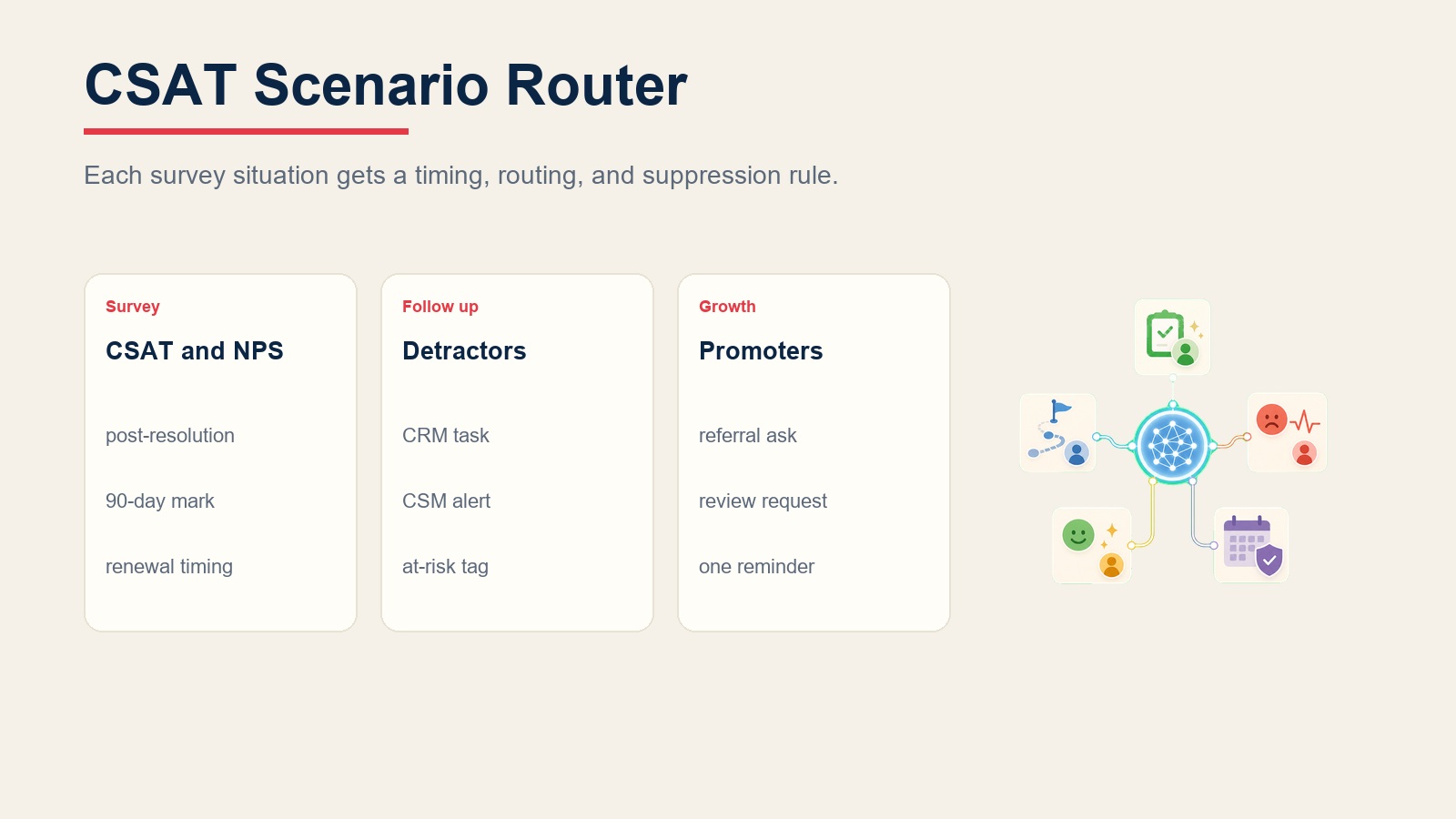 CSAT scenario router for post-resolution surveys, NPS milestones, detractor follow-up, promoter asks, and renewal suppression