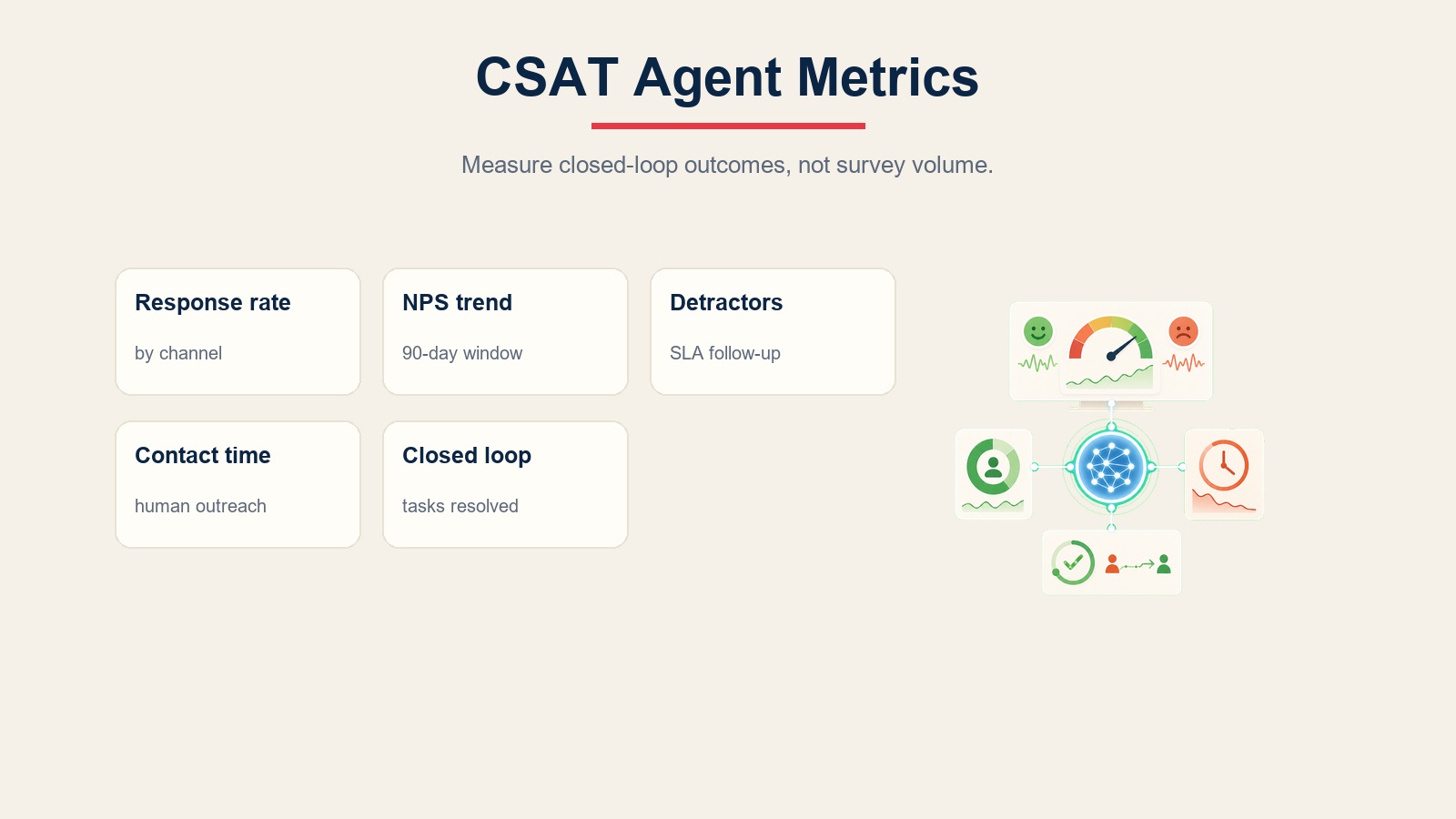 CSAT agent metrics scorecard for response rate, NPS trend, detractor follow-up, time to contact, and closed-loop task resolution