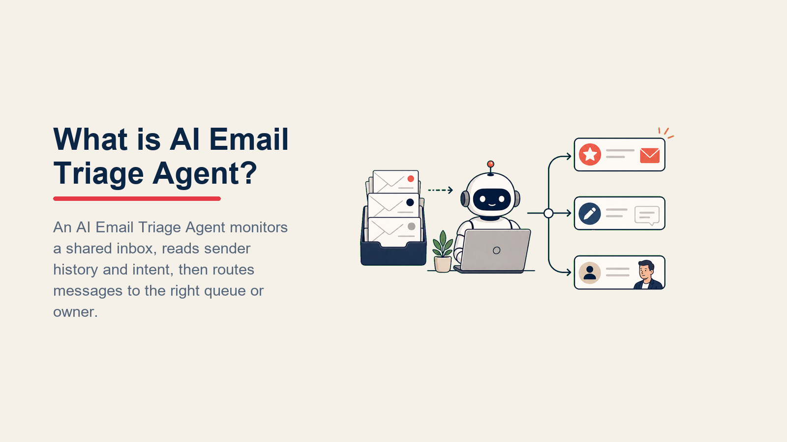 What is AI Email Triage Agent? showing inbox triage pod with intent prism, urgency signal, draft tray, and escalation rail