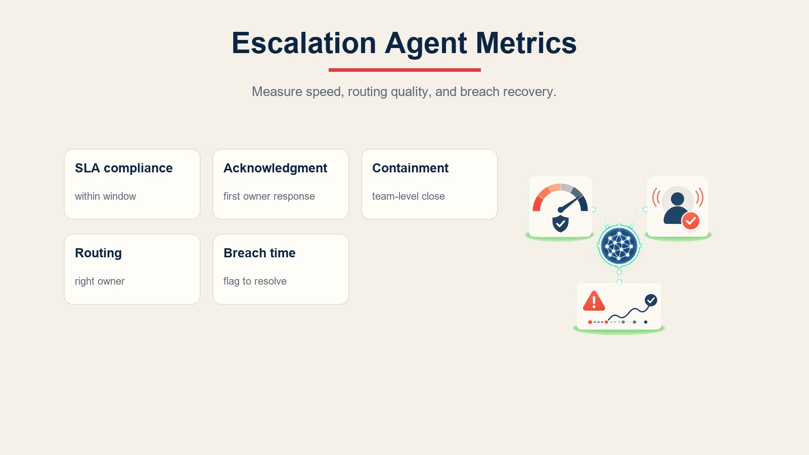 Escalation agent metrics scorecard for SLA compliance, acknowledgment time, containment, routing accuracy, and breach recovery