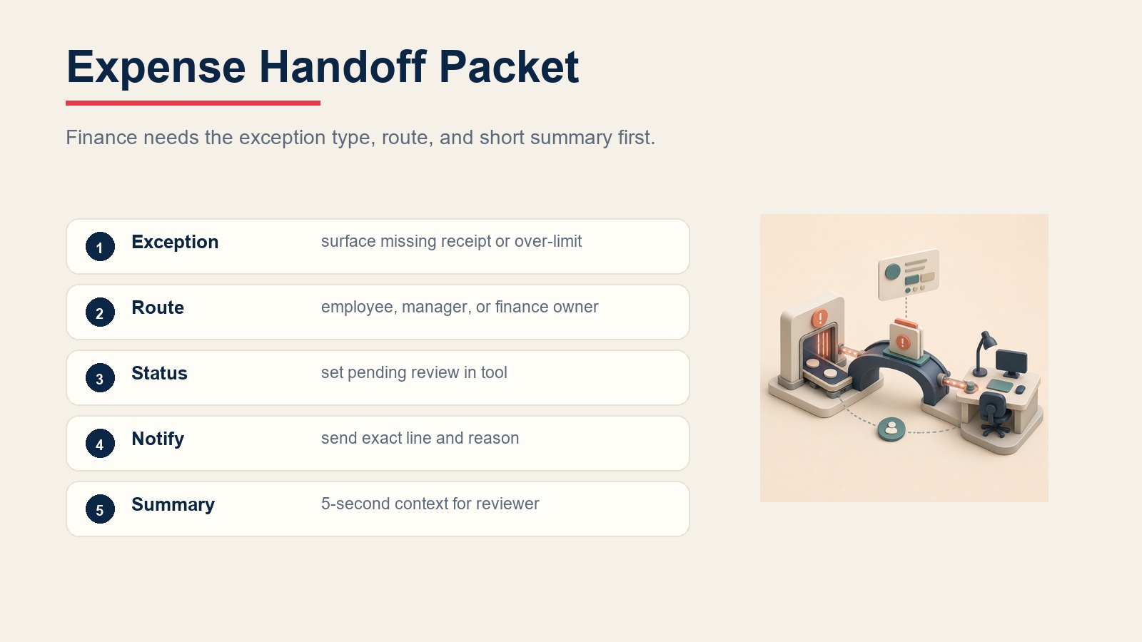Expense approval handoff packet routing exceptions to the right finance reviewer