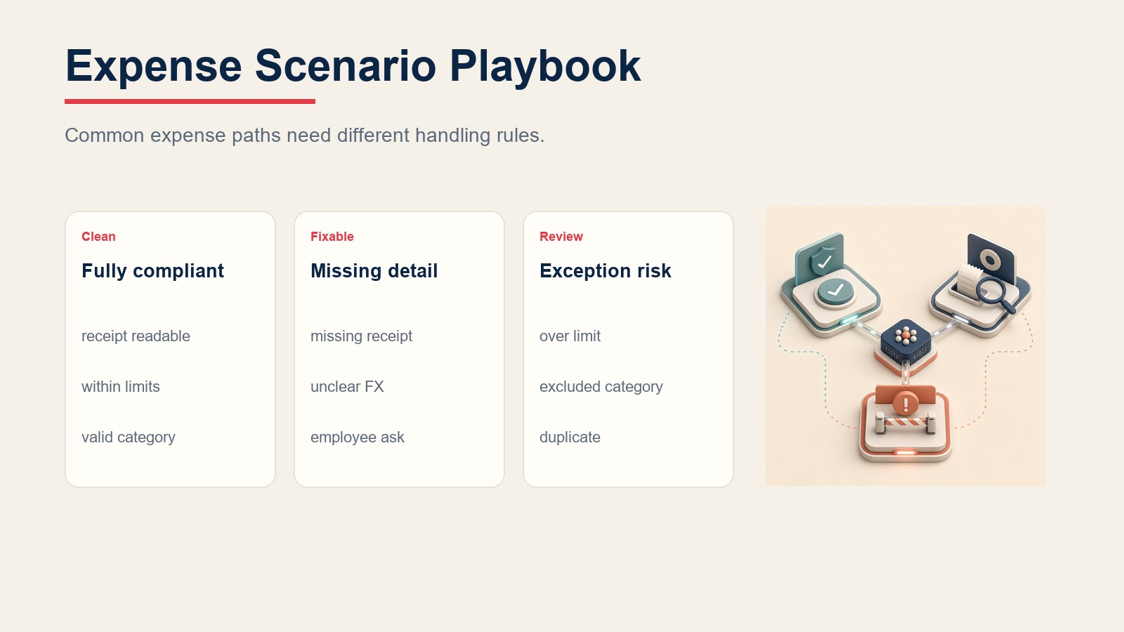 Expense approval scenario playbook comparing compliant, fixable, and review-risk paths