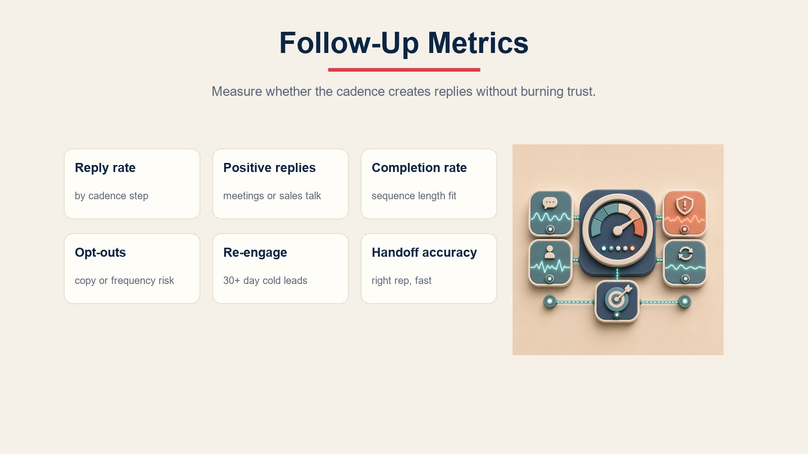 Follow-up metrics for reply rate, positive replies, completion, opt-outs, re-engagement, and handoff accuracy
