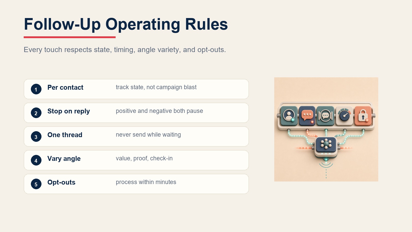 Follow-up operating rules for per-contact state, reply stops, angle variety, and opt-outs