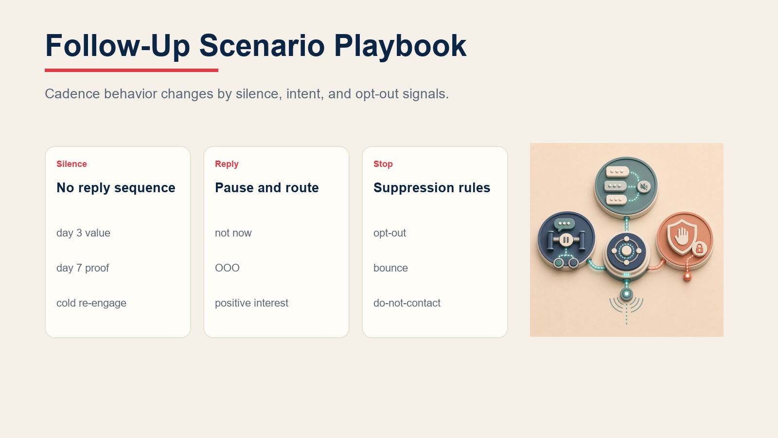 Follow-up scenario playbook comparing silence, reply routing, and suppression states