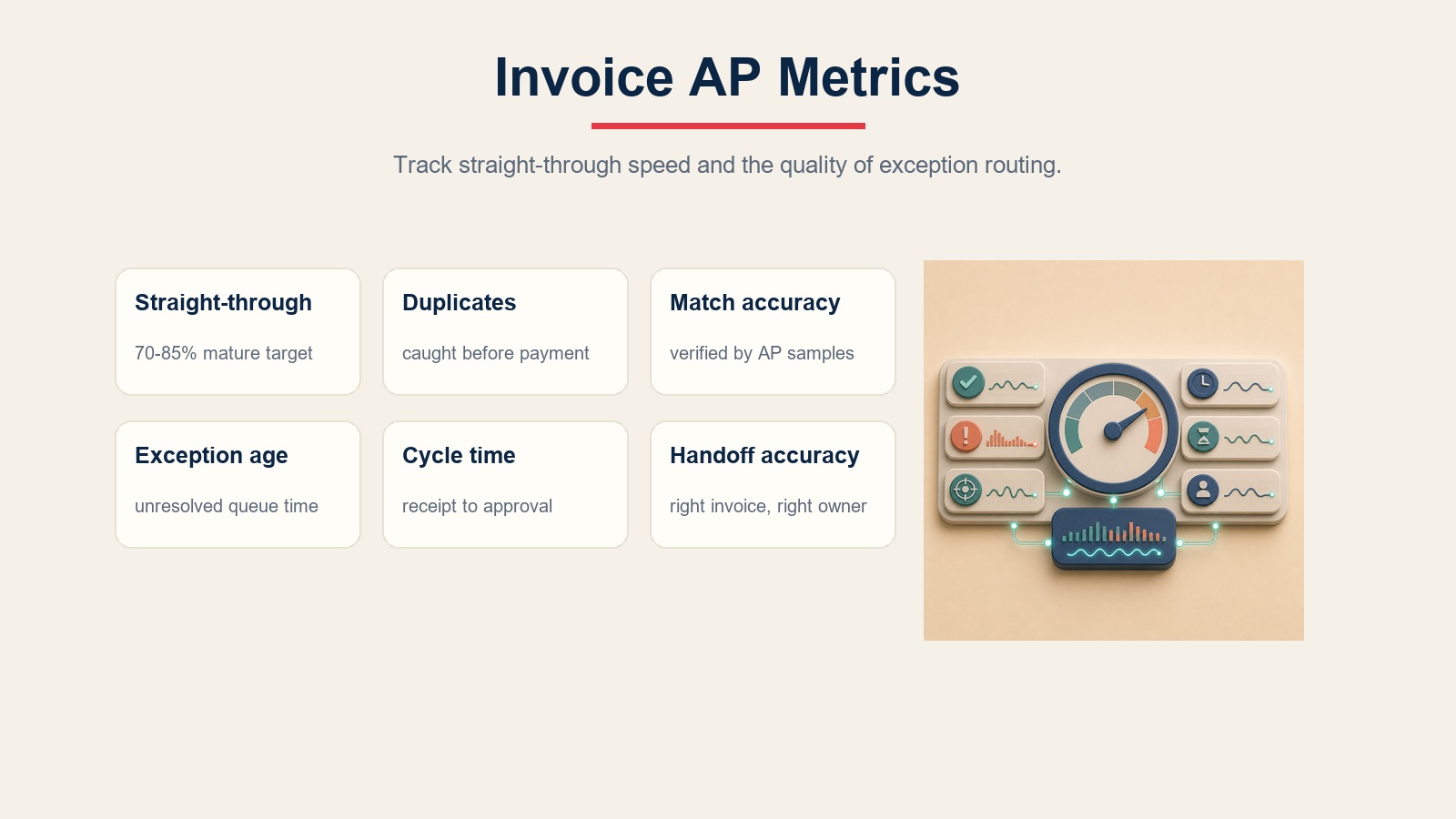Invoice AP metrics for straight-through processing, duplicates, match accuracy, cycle time, and handoffs