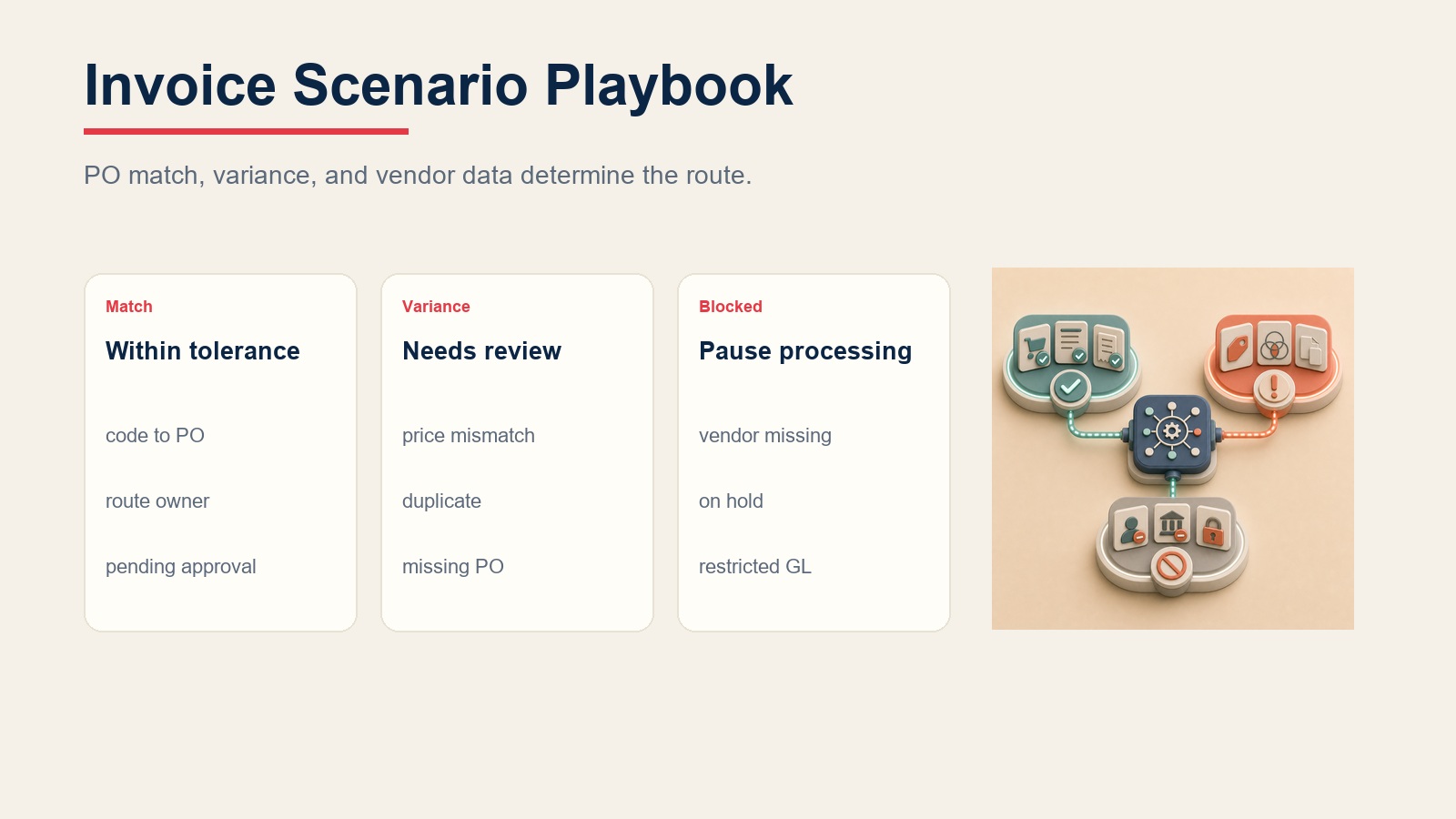 Invoice scenario playbook comparing PO match, variance review, and blocked processing paths