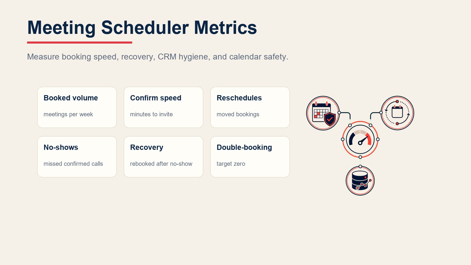 Meeting scheduler metrics for booked volume, confirmation speed, reschedules, no-shows, recovery, and double-booking