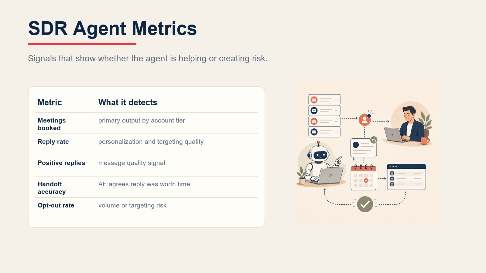 AI SDR Agent metrics table showing meetings booked, reply rate, positive replies, handoff accuracy, and opt-out rate