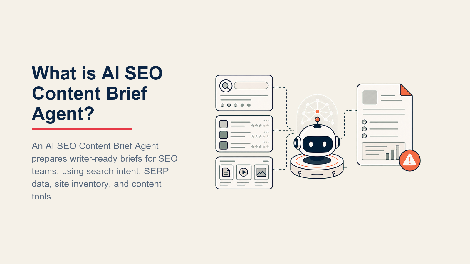 What is AI SEO Content Brief Agent? shown as a research agent core looks through a serp lens, compares results with an indexed content cabinet, and releases one coral writer-brief artifact through a cannibalization gate
