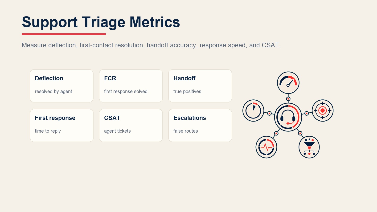 Métricas de triaje de soporte para deflexión, resolución en el primer contacto, precisión de transferencia, tiempo de primera respuesta, CSAT y escaladas