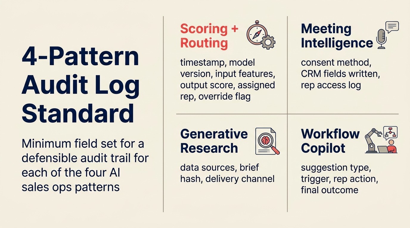 4-pattern audit log standard: minimum field set for a defensible audit trail for each of the four AI sales ops patterns