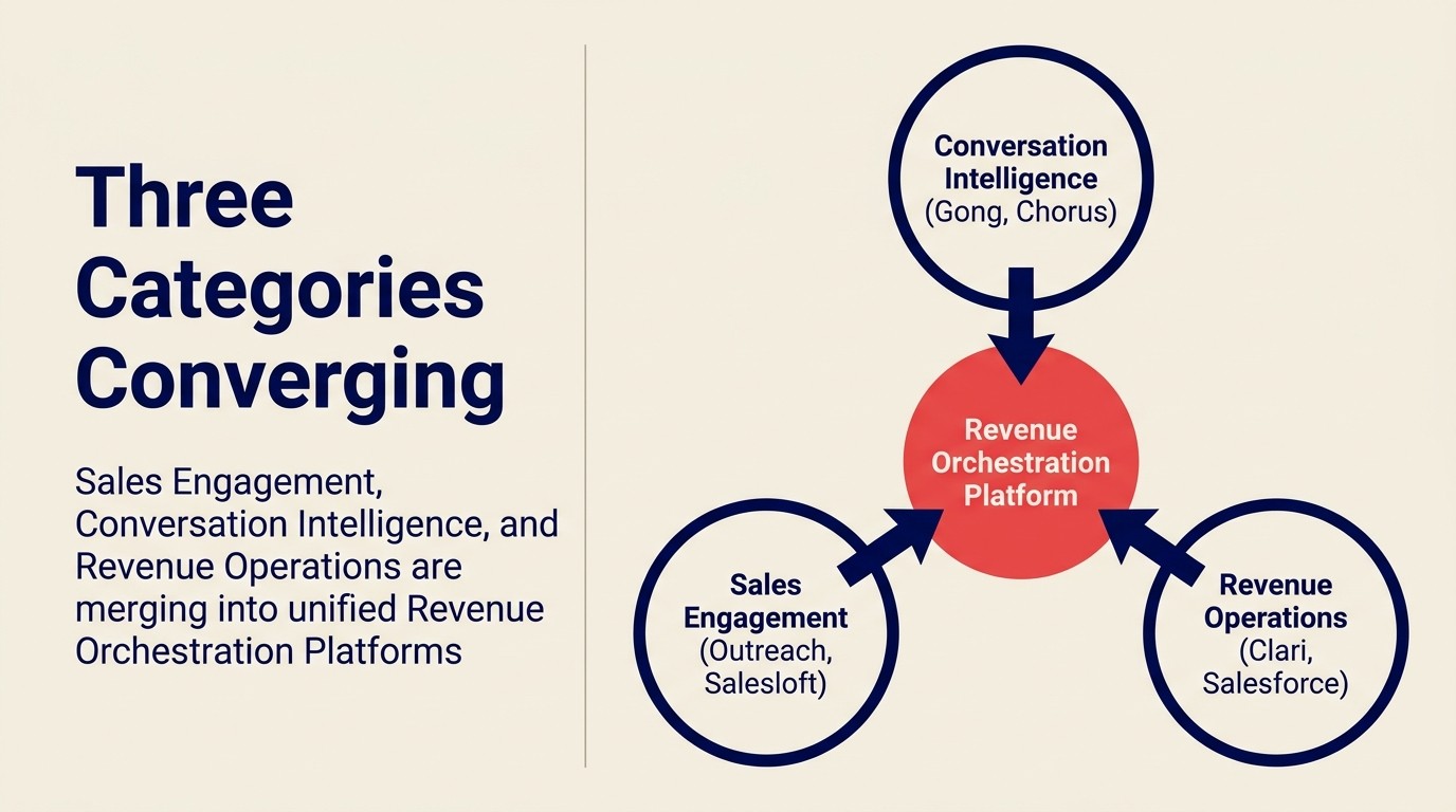 Three categories converging into unified Revenue Orchestration Platforms: sales engagement, conversation intelligence, and revenue operations