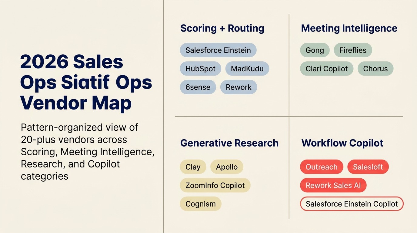 2026 Sales Ops Vendor Map: pattern-organized view of 20+ vendors across Scoring, Meeting Intelligence, Research, and Copilot categories
