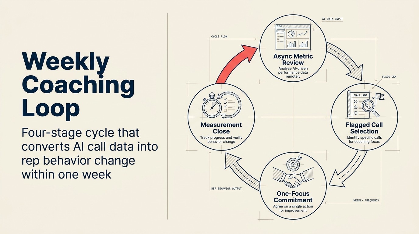 Weekly coaching loop: four-stage cycle converting AI call data into rep behavior change within one week