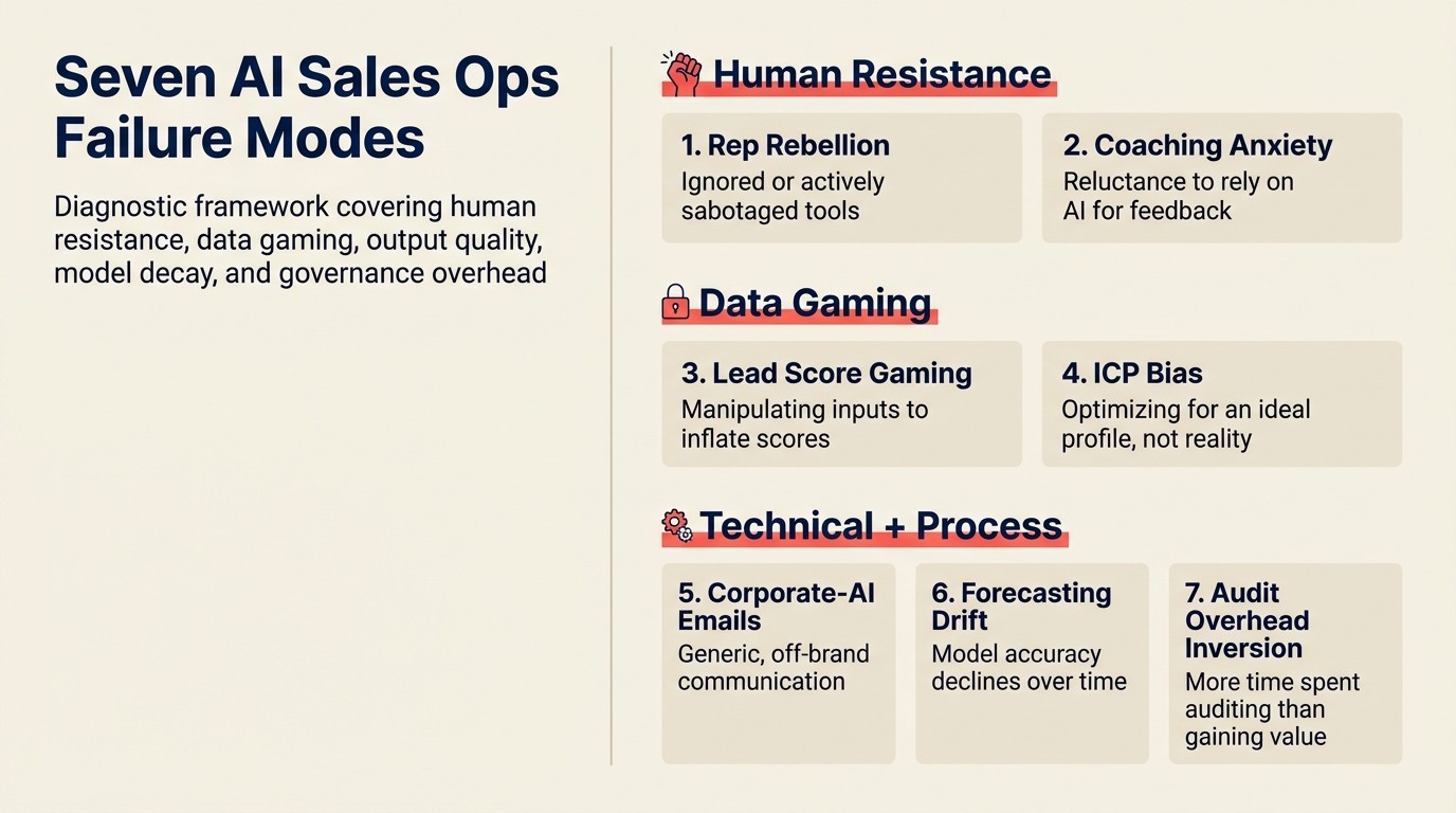Seven AI sales ops failure modes: diagnostic framework covering human resistance, data gaming, output quality, model decay, and governance overhead