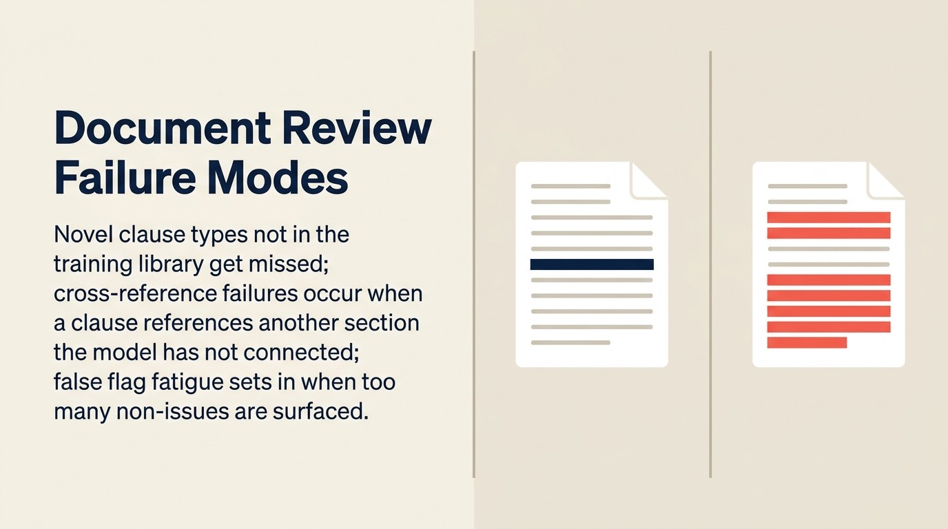 Document review failure modes: novel clause types, cross-reference failures, false flag fatigue, confidence overstatement, standard drift, context collapse