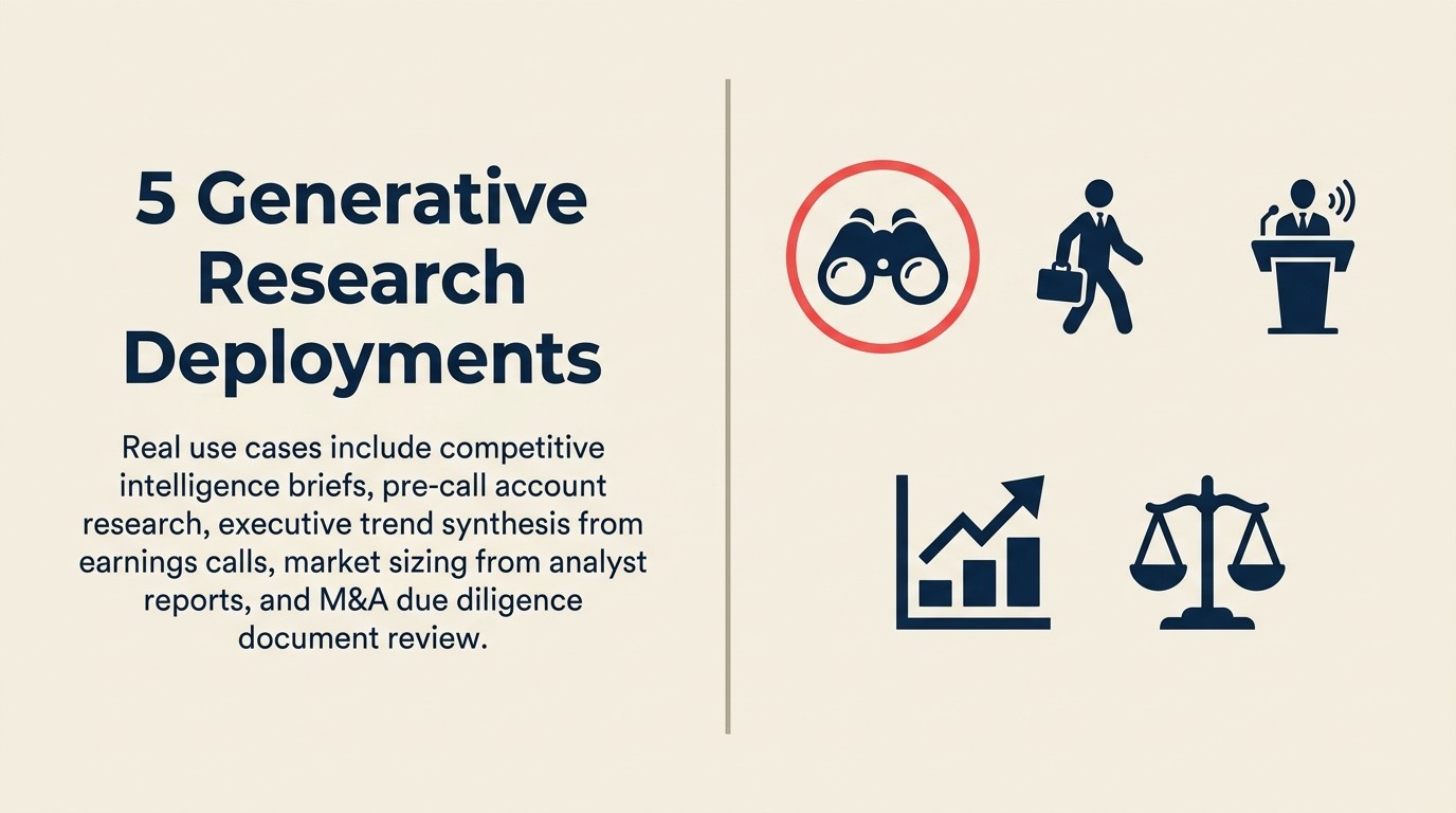Five generative research examples: competitive intelligence, pre-call account brief, executive trend synthesis, market sizing, and M&A desk research