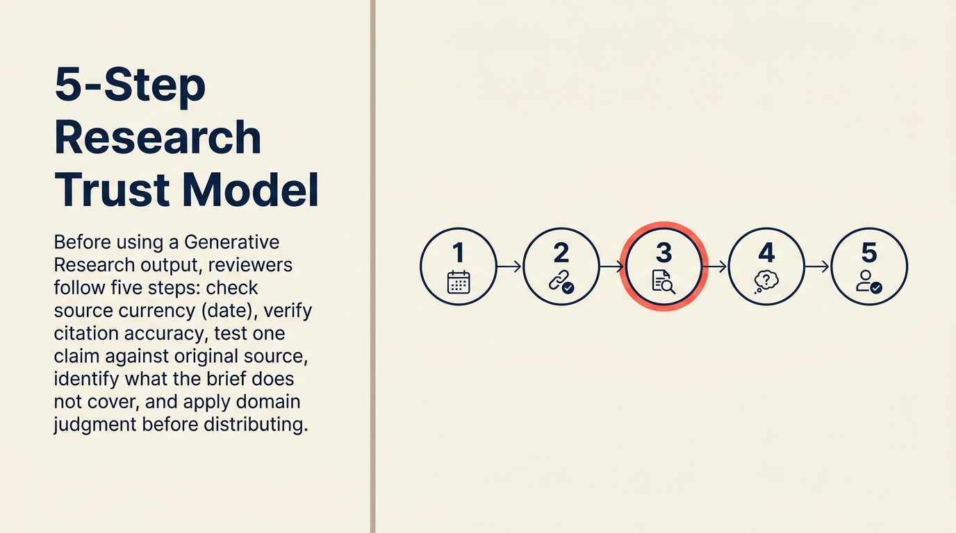 Generative research trust model: 5-step reviewer checklist before distributing any AI-synthesized brief externally