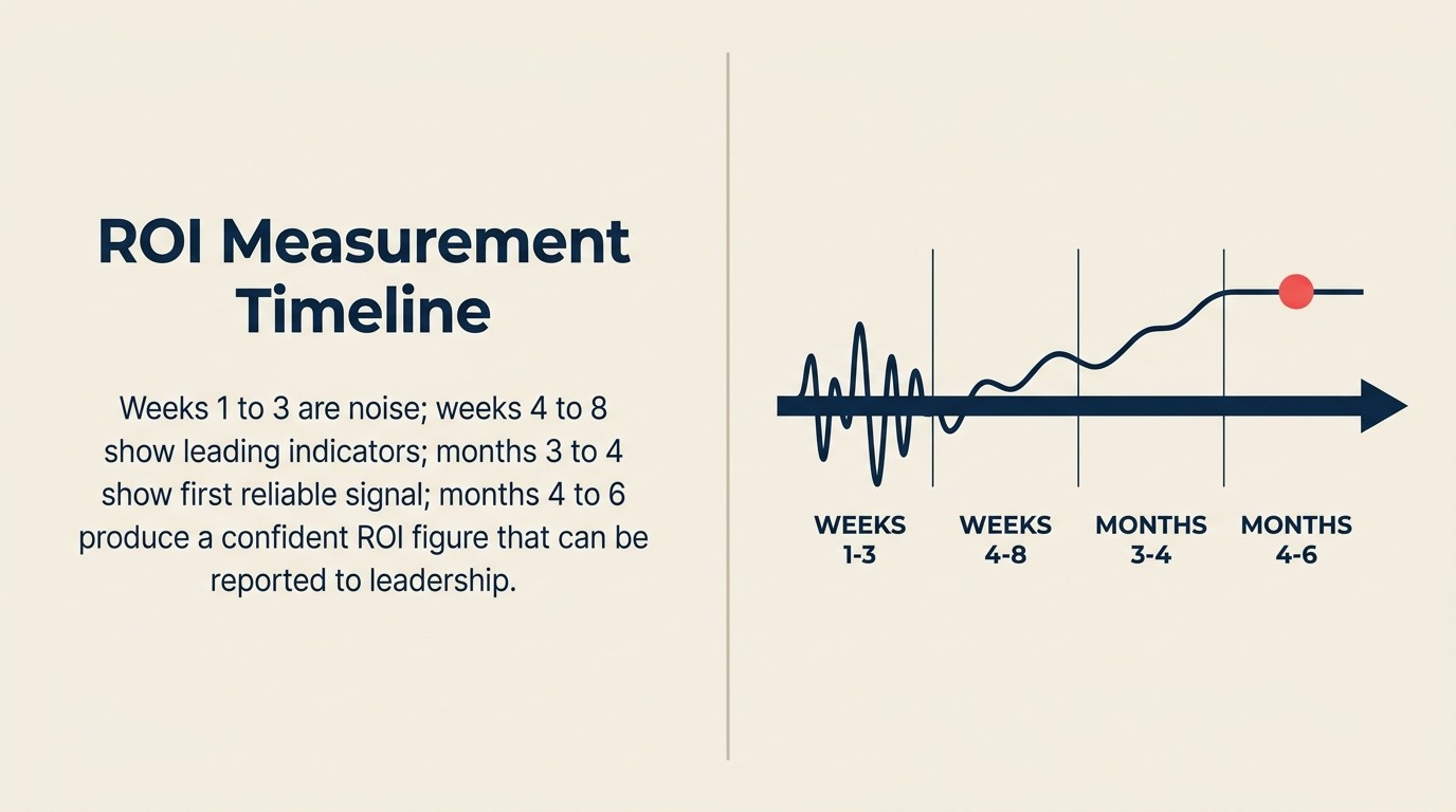 AI ROI measurement timeline: weeks 1-3 noise, weeks 4-8 leading indicators, months 3-4 business impact signal, months 4-6 confident ROI presentation