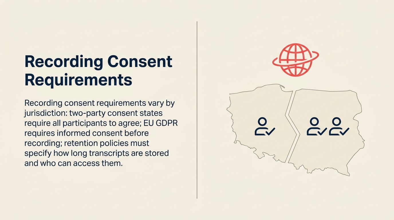 Meeting Intelligence privacy governance: recording consent requirements, speaker data handling, transcript retention policies, and employee awareness framework