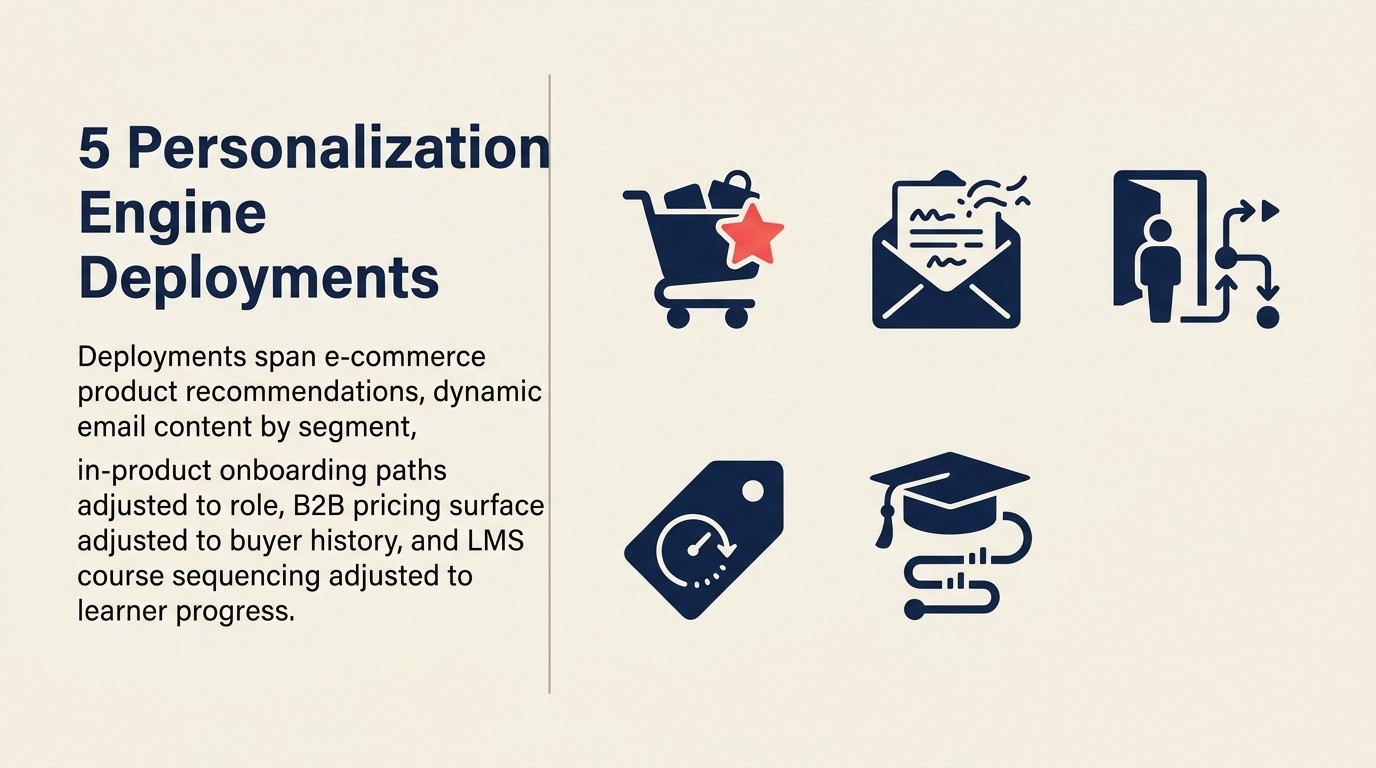 Five personalization engine examples: e-commerce recommendations, email dynamic content, in-product onboarding nudges, B2B pricing personalization, and LMS learning paths
