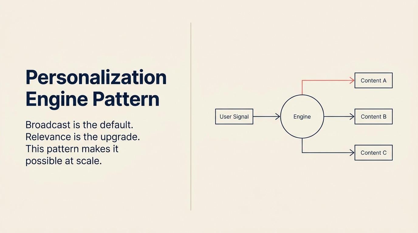 Personalization engine pattern diagram showing user behavior signals flowing into profile building, prediction, and personalized content delivery