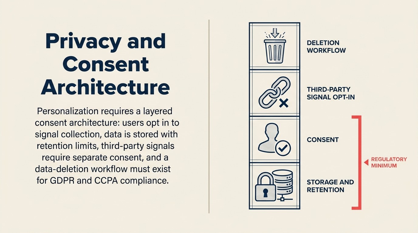 Personalization Engine consent-safe architecture: first-party signals, declared attribute opt-in, and cross-channel consent requirements under GDPR, CCPA, and PIPEDA
