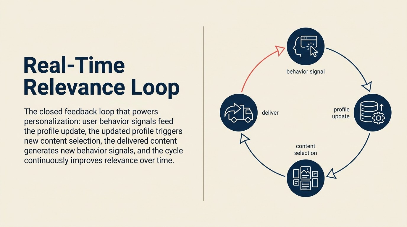 Real-Time Relevance Loop: behavioral signals update user profile, profile drives prediction, prediction generates personalized content, user response feeds back as the next signal