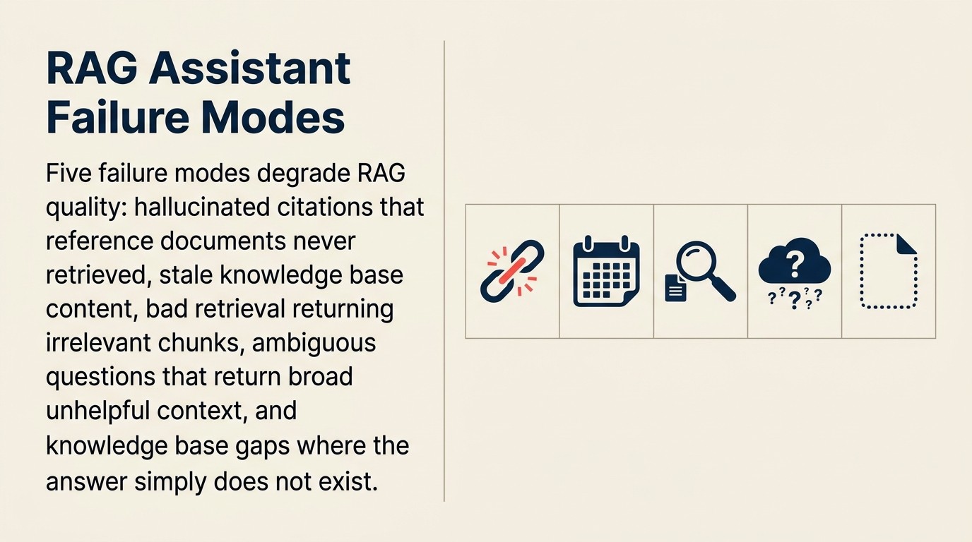RAG failure mode table: hallucinated citations, stale knowledge base, bad retrieval, ambiguous questions, knowledge gaps
