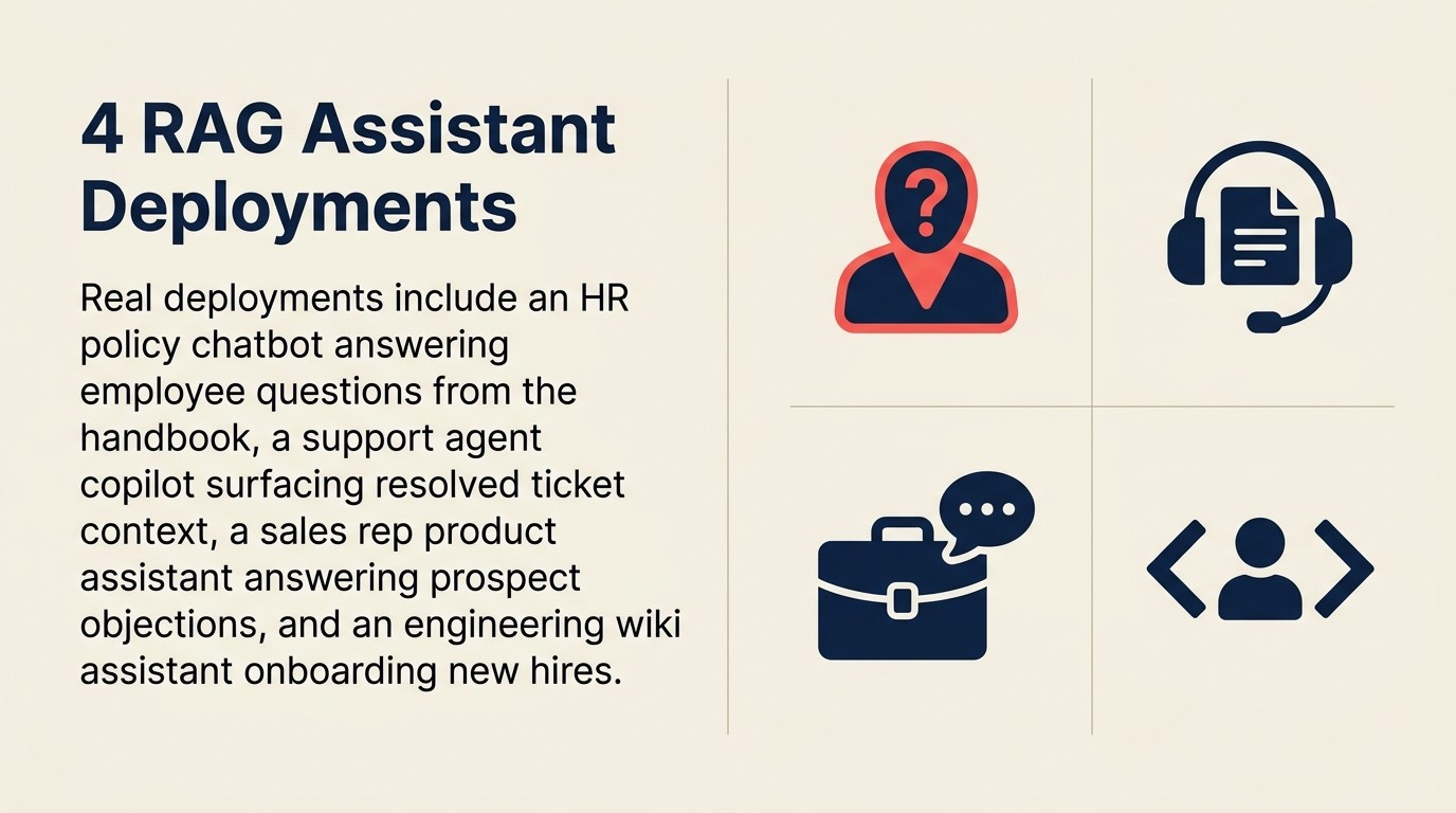 Four RAG Assistant examples: HR policy chatbot, support copilot, sales assistant, and engineering onboarding wiki