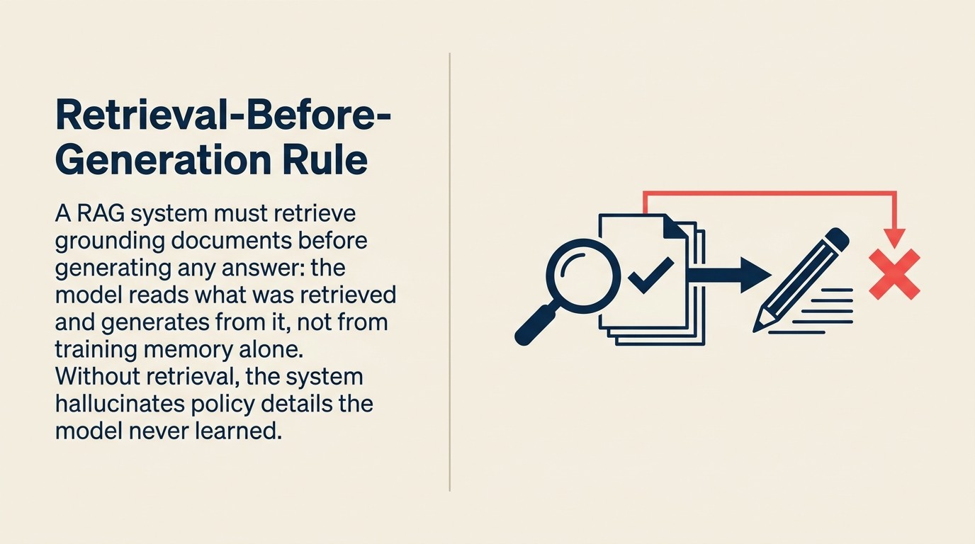 The Retrieval-Before-Generation Rule: retrieve from a trusted knowledge base first, then generate with cited sources